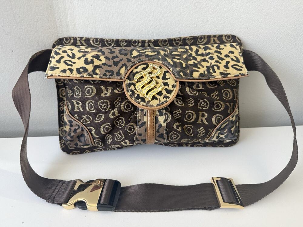 Y2K Rocawear Leopard Print Belt Bag Brown Monogram Waist Bag Rhinestone Logo